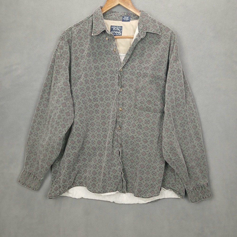 Vintage Bon Homme Shirt Mens 1XB Green Purple Cotton Geometric Button Up Retro